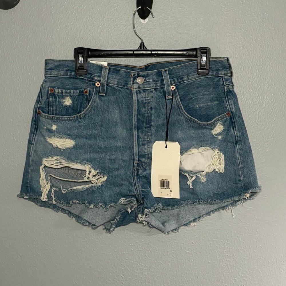 LEVI'S 501 ORIGINAL SIGNATURE BUTTON FLY HIGH RISE DISTRESSED DENIM CUTOFF SHORT